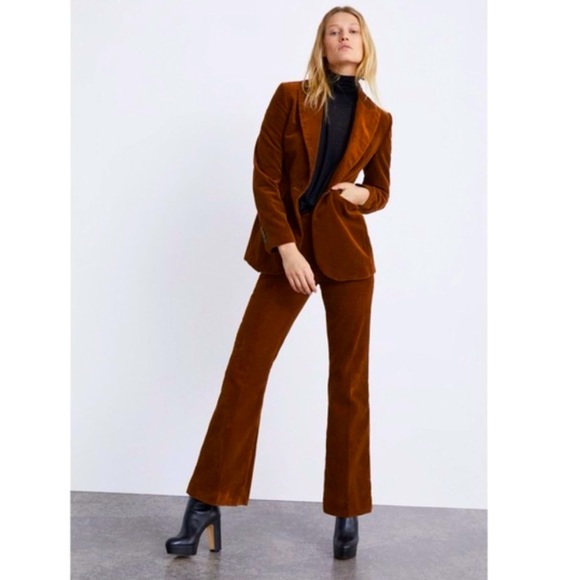 Zara Jackets & Blazers - Zara Rust Brown Corduroy Blazer Jacket Suit High Rise Wide Leg Trouser Pants Set